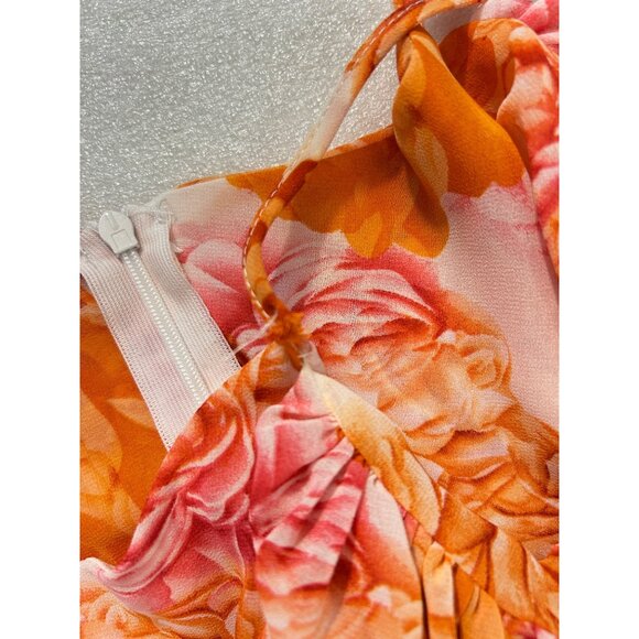 Dalia Macphee Orange Floral Cold Shoulder Floral Pleated Midi Dress Small - Picture 6 of 7